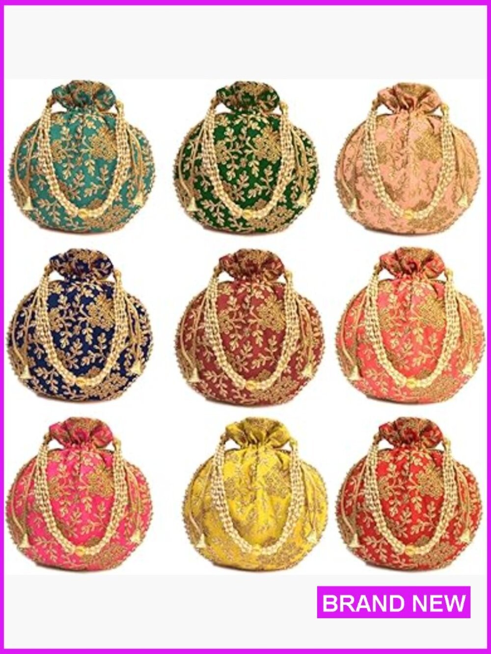 Designer Silk Potli Bag with Pearl Handle Bridal Clutch Wedding Purse